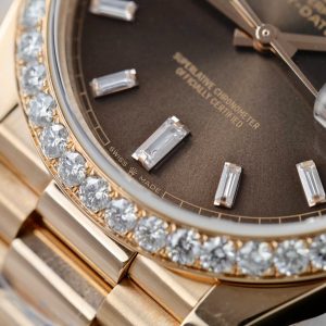 Rolex Day-Date Replica Watch Gold Wrapped Moissanite Diamonds Chocolate Dial GMF 40mm (10)