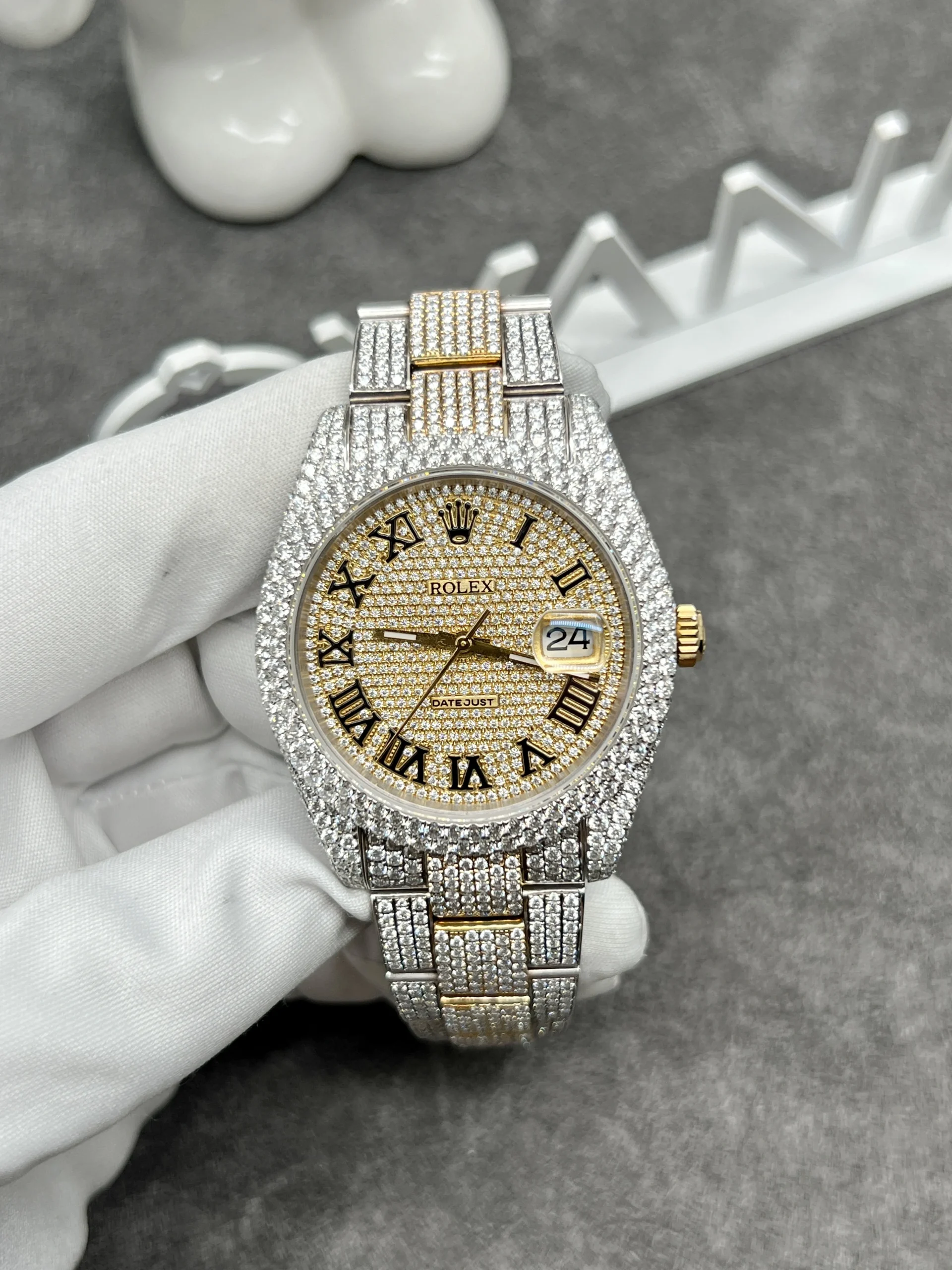 Rolex Iced Out Full Moissanite Diamonds DateJust Demi Gold 41mm (1)