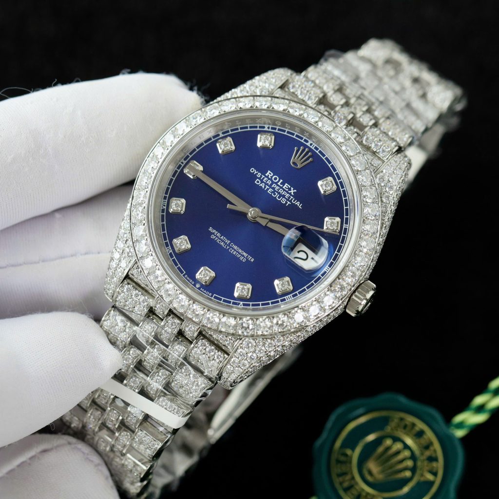 Rolex DateJust Blue Dial Replica Watch Custom Moissanite Diamonds 41mm (2)