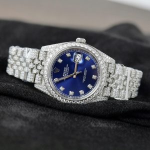 Rolex DateJust Blue Dial Replica Watch Custom Moissanite Diamonds 41mm (2)