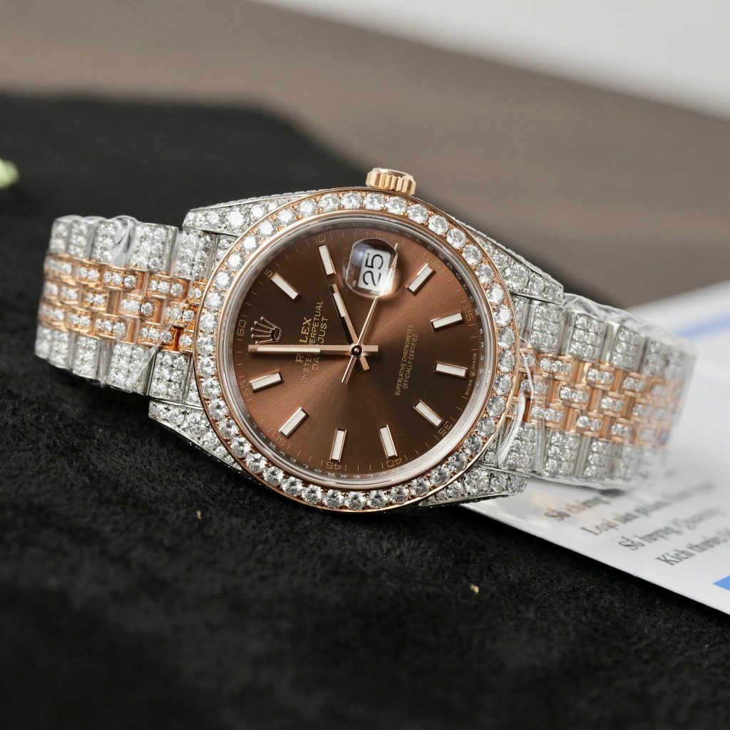 Rolex DateJust Replica Watch Dial Chocolate Custom Gold Wrapped + Moissanite Diamonds 41mm (1)