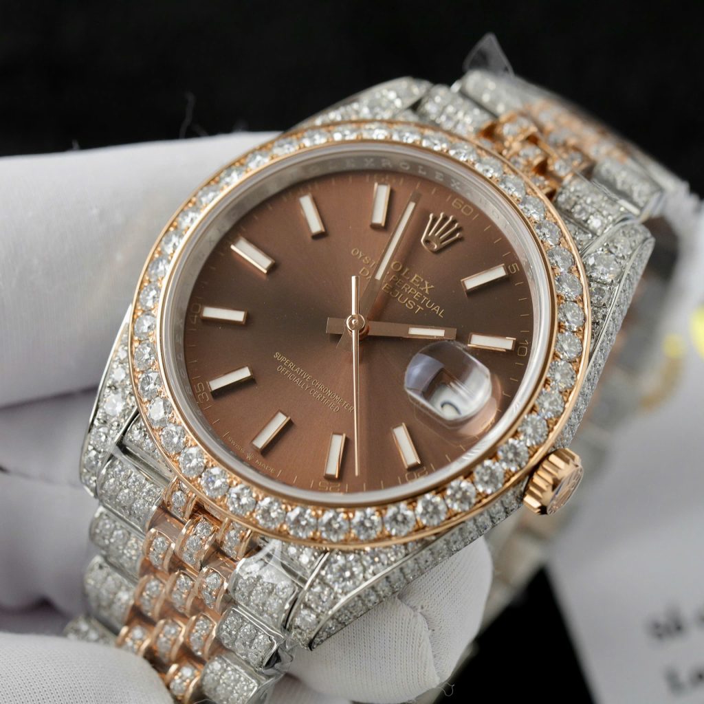 Rolex DateJust Replica Watch Dial Chocolate Custom Gold Wrapped + Moissanite Diamonds 41mm (1)