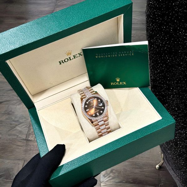 Rolex Day-Date Dial Chocolate Replica Watch Gold Wrapped Moissanite Diamonds 36mm (2)