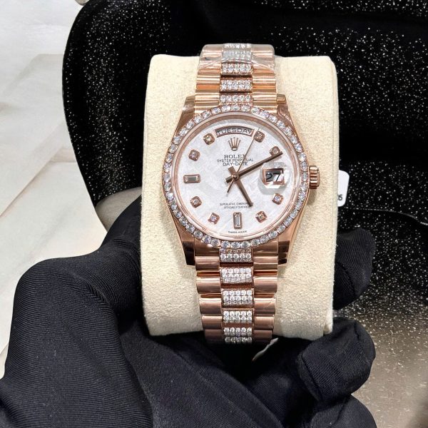 Rolex Day-Date Meteorite Dial Replica Watch Gold Wrapped Moissanite Diamonds 36mm (2)