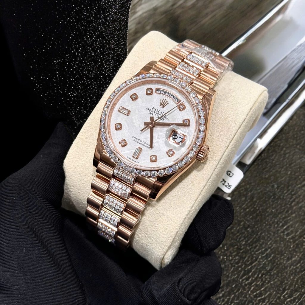 Rolex Day-Date Meteorite Dial Replica Watch Gold Wrapped Moissanite Diamonds 36mm (2)