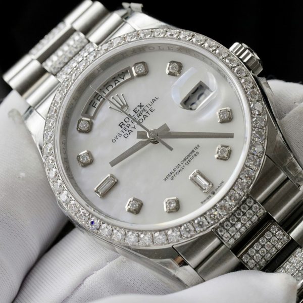 Rolex Day-Date Mother Of Pearl Dial Replica Watch Moissanite Diamonds Custom 36mm (2)