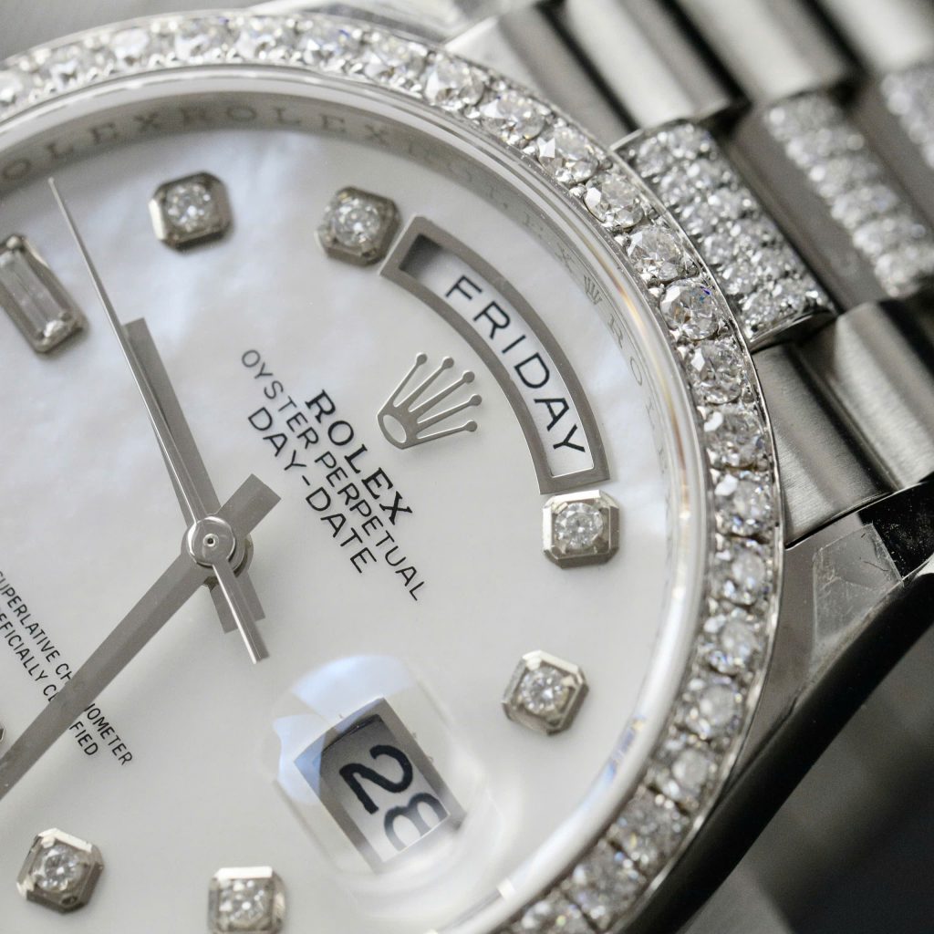 Rolex Day-Date Mother Of Pearl Dial Replica Watch Moissanite Diamonds Custom 36mm (2)