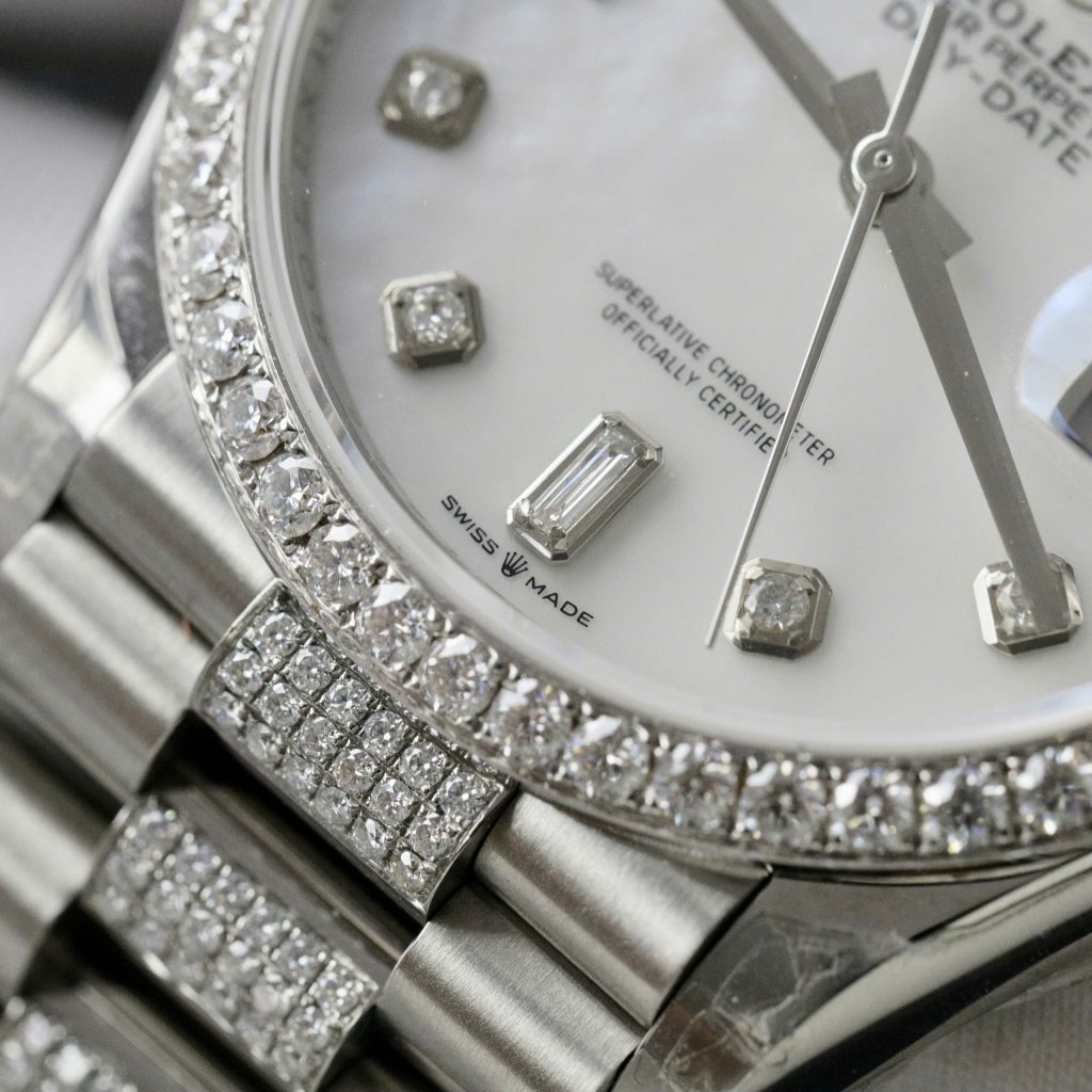 Rolex Day-Date Mother Of Pearl Dial Replica Watch Moissanite Diamonds Custom 36mm (2)